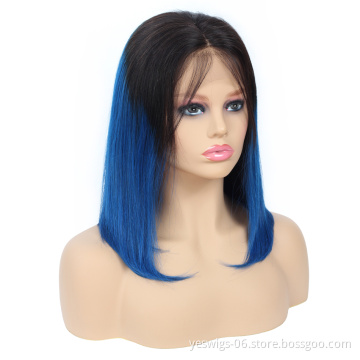 Yeswigs 1b-blue Short Bob Cut Wig Human Hair Lace Front Cuticle Aligned Remy Virgin Silky Straight 1b-blue Ombre Wig 8 Inch Bob